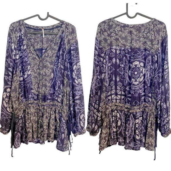 Free People Drop Waist Tunic Top Blue Paisley Floral S - Picture 4 of 7